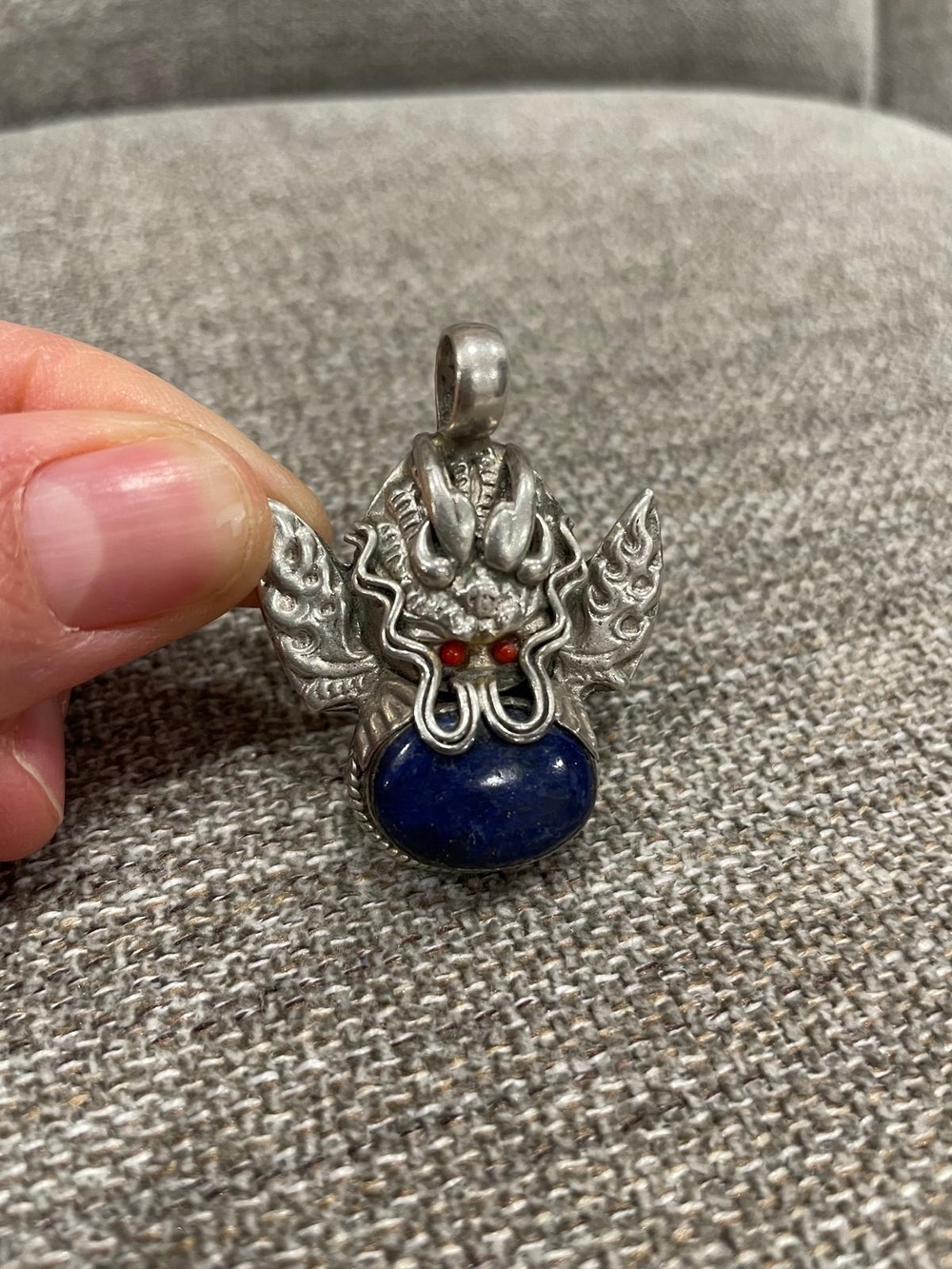 Sterling Silver Dragon Pendant with Blue Lapis and Red Accent Stones